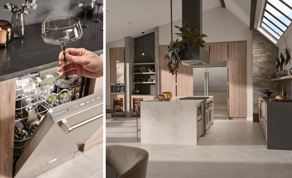 Stainless steel Cove Dishwasher shown in a modern open kitchen design concept equipped with Wolf Gas Range and Sub-Zero Refrigerator